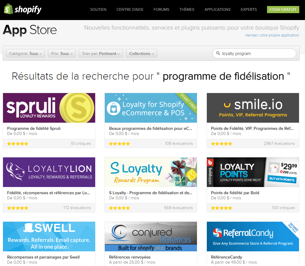 L'app store de Shopify permet de mettre en place des programmes fidélisation client en automatique
